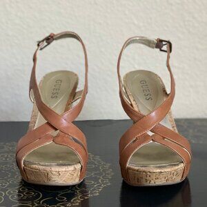 Guess Tan Leather Strappy Wedge Sandals with Cork Heel, size 8
